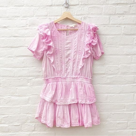 LoveShackFancy || Natasha Mini Dress Ruffle Swiss Dot Tie Dye Peony Pink XL