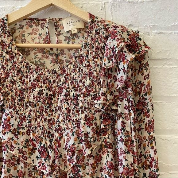 Sezane || Miro Blouse Ruffle Printed Bouquet Floral Pink Cream 36 US 4