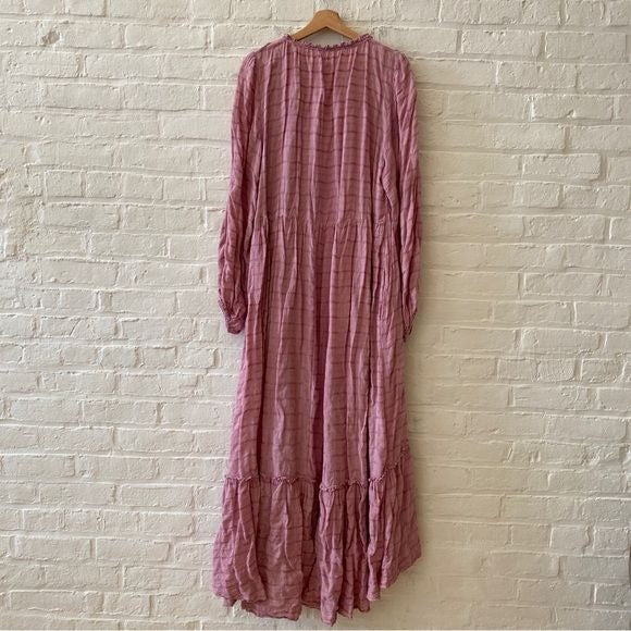 Free People || Edie Dress Long Sleeve Button Down Maxi in Light Pink Purple XL