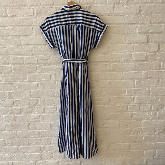 Zara || Striped Linen Blend Belted Shirt Dress Fit Flare Midi Blue Small