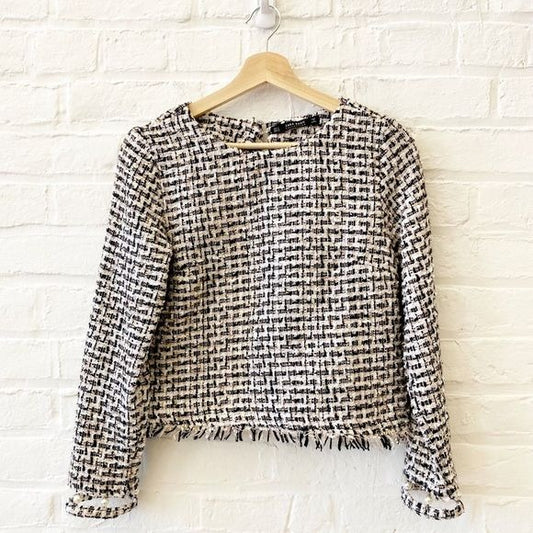 Zara || Chenille Tweed Top Ling Sleeve Pearl Cuffs Black Ivory Small