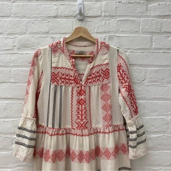 Haris Cotton || Tiered Embroidered Cotton Dress Sleeves Greece Cream Red Small