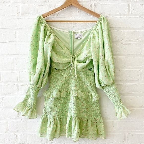 Sabo Skirt || Nessie Daisy Floral Cut-out Smocked Ruffle Mini Dress Green S