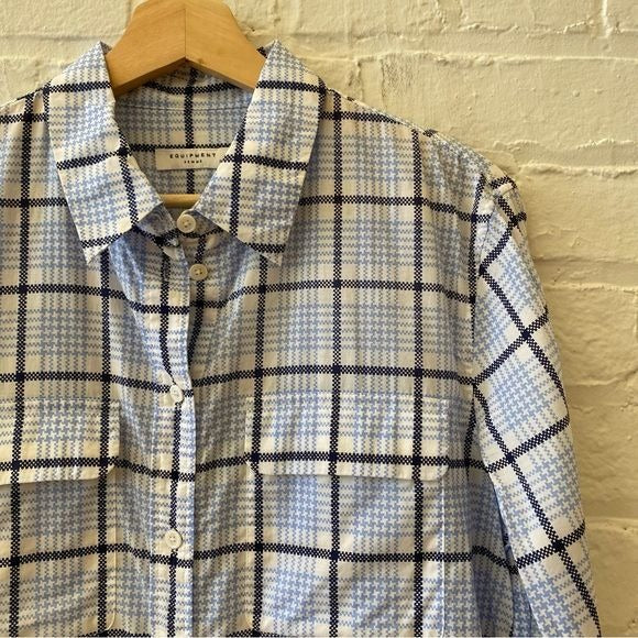 Equipment || Plaid Button Down Shirt with Pockets Cotton Blue Small