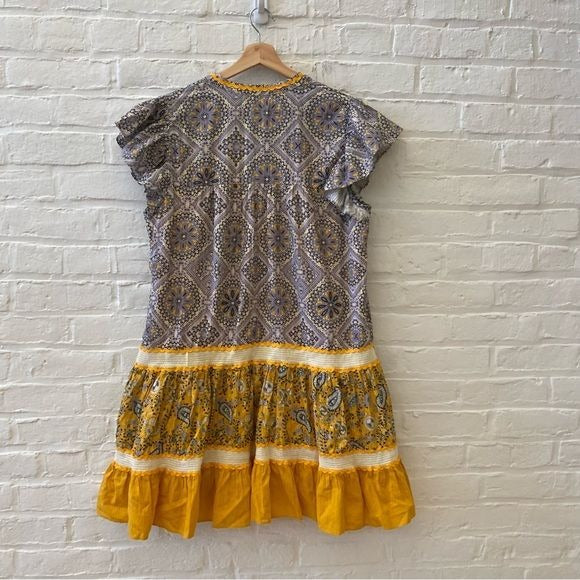 Anthropologie || Forever That Girl Tiered Mini Dress Ruffle Yellow Purple Large