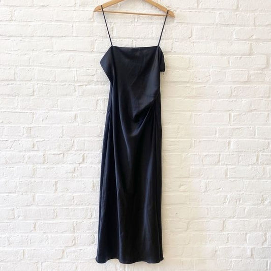 Zara || Satin Midi Slip Dress with Slit Silky Black XL