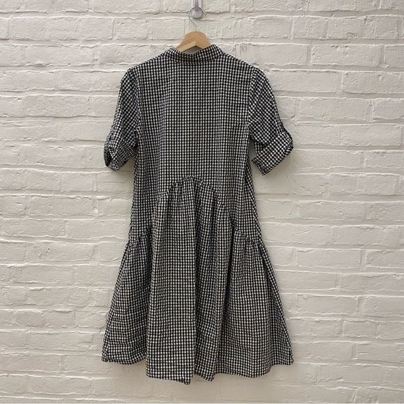 Floryday || Drop Waist Gingham Shirt Dress Preppy Black White Small