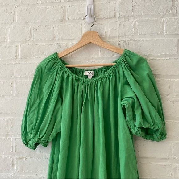 COS || Linen Blend A-Line Puff Sleeve Dress Green 6