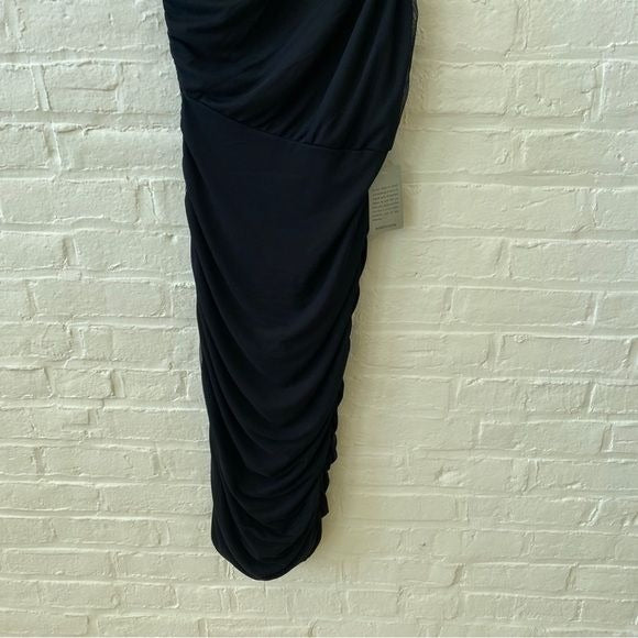 Love By Design || One-Shoulder Body-Con Midi Dress Ruched Gathered Black L NWT