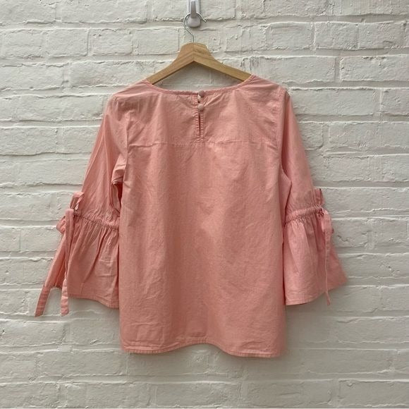 J. Crew || Tie Bow Bell Ruffle Statement Sleeve Poplin Top Blouse Pink Small