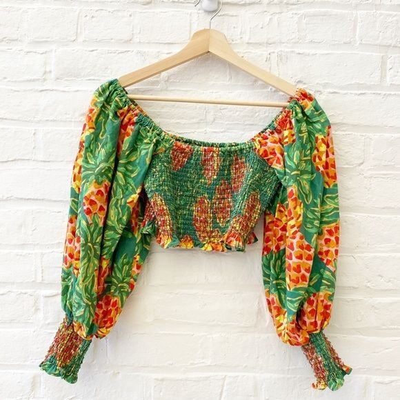 FARM Rio || Pineapple Galore Smocked Crop Top Green XS NWT