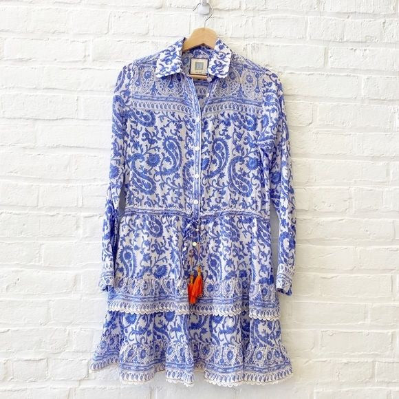 Bell by Alicia Bell || Blake Tiered Shirtdress Mini Dress Tassels Blue White XS