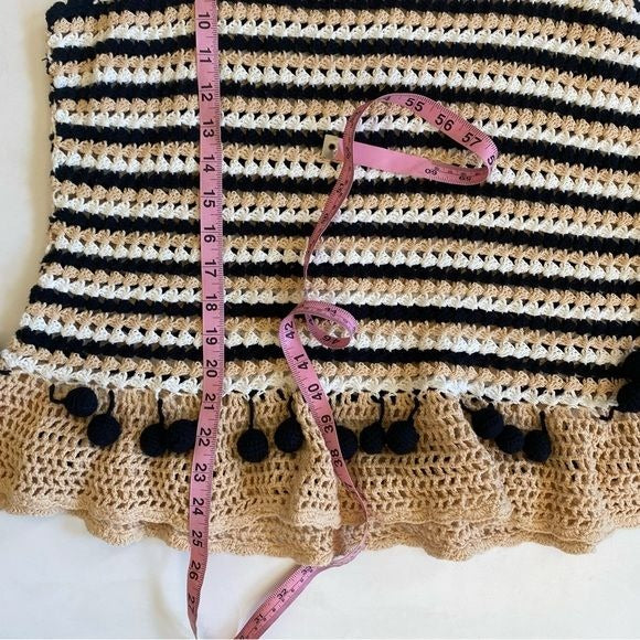 Generation K || Crochet Knit Pom Pop Striped Tank Top Black Tan XL