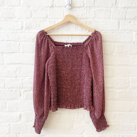 Madewell || Lucie Bubble-Sleeve Smocked Top in Cottage Garden Maroon Small