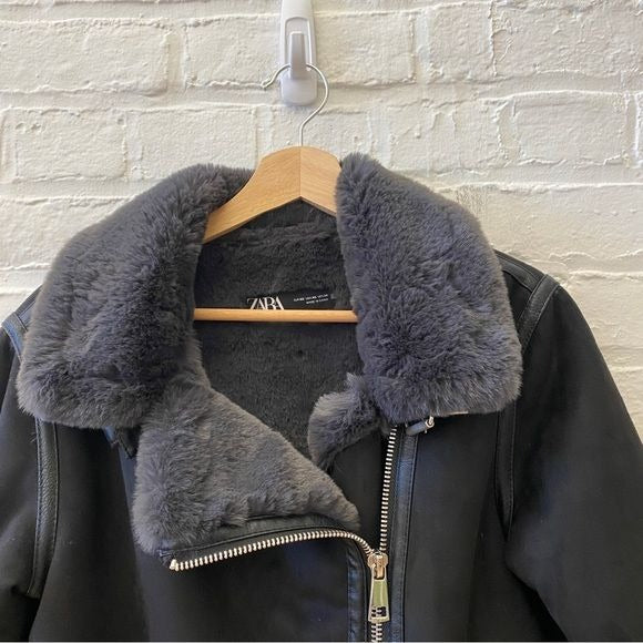 Zara || Double Faced Aviator Biker Moto Jacket Faux Suede Fur Black Gray