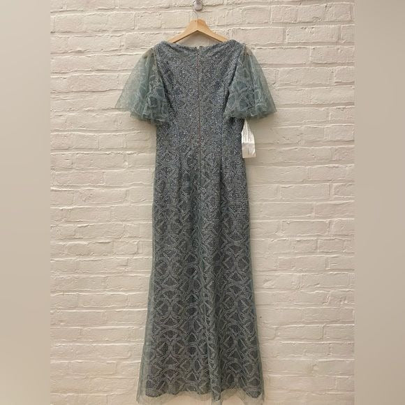 JS Collections || Sequin Lace Cape Gown Sage Blue Green 6 NWT