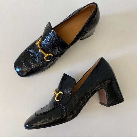 Mara Bini || The Perla Horsebit Block Heeled Loafer Crinkle Patent Black Gold 40