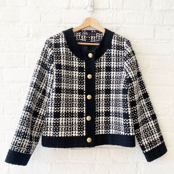 Zara || Plaid Tweed Lady Jacket Blazer Black White Gold Buttons Large