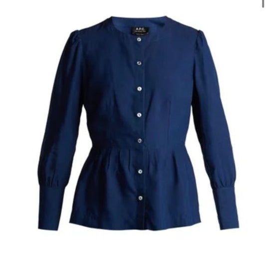 A.P.C. || Peplum Hem Poplin Button Down Blouse Navy Blue 40 US 8