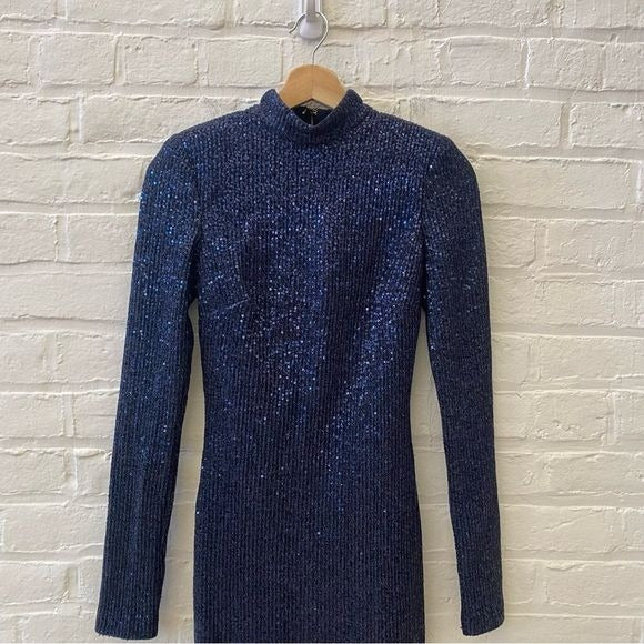 Rebecca Vallance || Andree Dress Long Sleeved High Neck Midi Navy Sequined 0