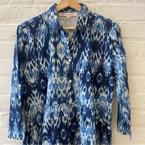 Ro's Garden || Deauville Tyla Tiered A-line Shirt Dress Ikat Blue XS NWT