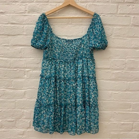 Trixxi || Tiered Floral Mini Dress Smocked Back Teal Large