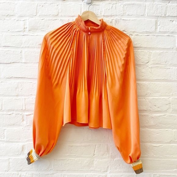 Tibi || Pleated Edwardian Crop Top Blouse In Orange 2 NWT