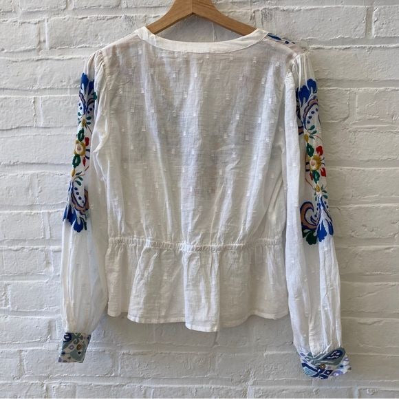 Anthropologie || Forever That Girl Floral Embroidered Peplum Blouse White Small