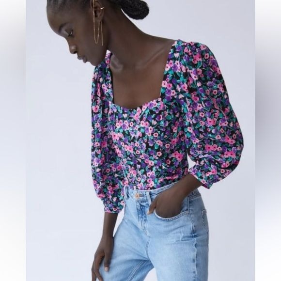 Zara || Puff Sleeve Crop Blouse Floral Black Pink Purple Small