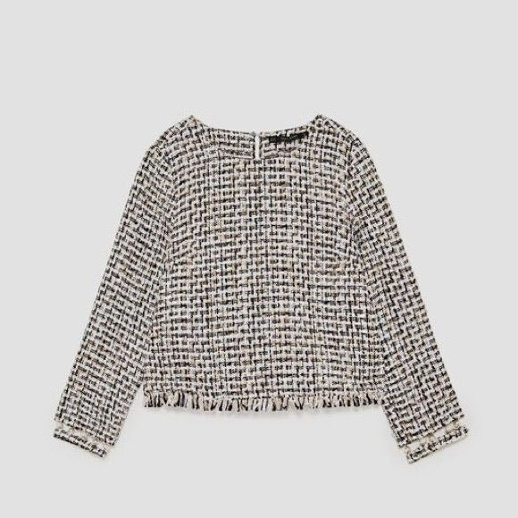 Zara || Chenille Tweed Top Ling Sleeve Pearl Cuffs Black Ivory Small