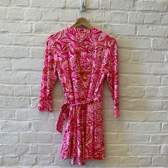 Lilly Pulitzer || Karlie Wrap Romper in Mango Salsa Pink Medium