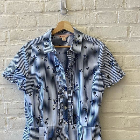 Brooks Brothers || Floral Striped Poplin Ruffle Fit + Flare Shirt Dress Blue 14