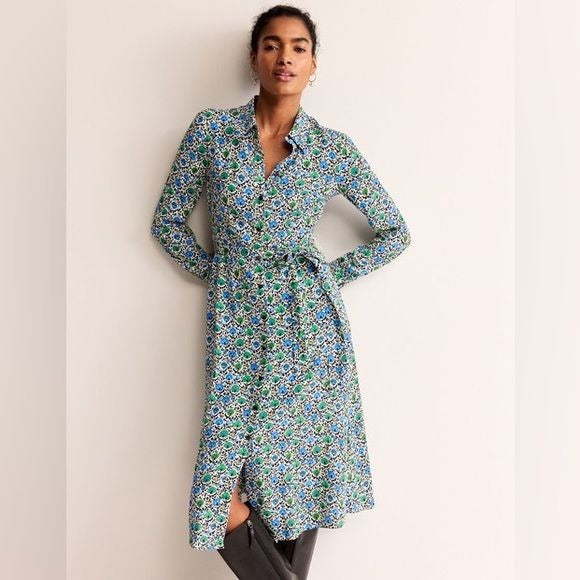 Boden || Kate Midi Shirt Dress in Aquamarine Enchanting Bloom Blue Floral 14