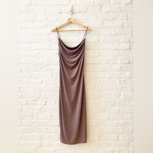 Zara || Flowing Strappy Dress in Mink Cowl Slip Dress Slinky Midi Brown Medium