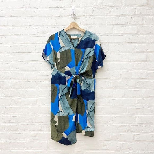 COS || Printed Linen-mix Dress Tie Waist Blue Green 2