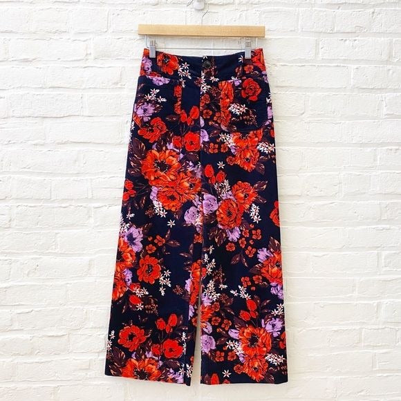 Anthropologie || Maeve The Colette Cropped Wide-Leg Velvet Pants Floral Black 26