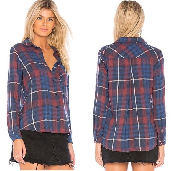 Bella Dahl || Aurora Plaid Buttondown Top Red + Blue XS