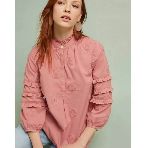 Anthropologie || Isabella Sinclair Embroidered Boho Peasant Blouse Pink Coral S