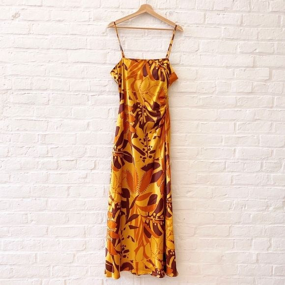 House of Harlow 1960 || Satin Slip Dress Ruched Side Foliage Print Orange NWT