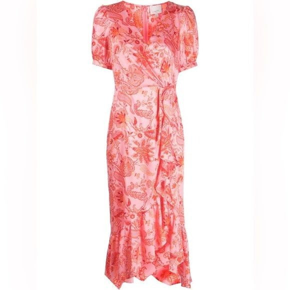 Cinq a Sept || Kay Ruffle Midi Dress English Rose Pink Orange Floral 4 NWT