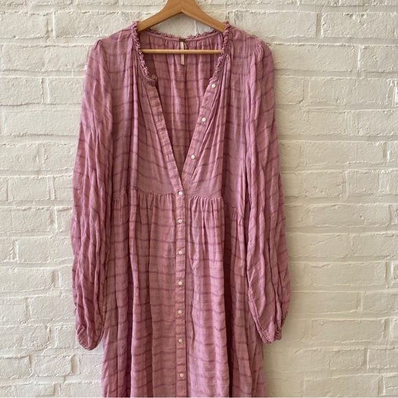 Free People || Edie Dress Long Sleeve Button Down Maxi in Light Pink Purple XL