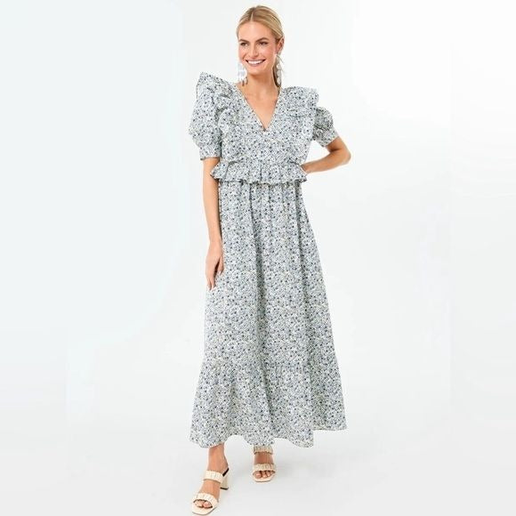 Tuckernuck || Hyacinth House Meadow Floral Puff Sleeve Ruffle Maxi Dress Blue XS