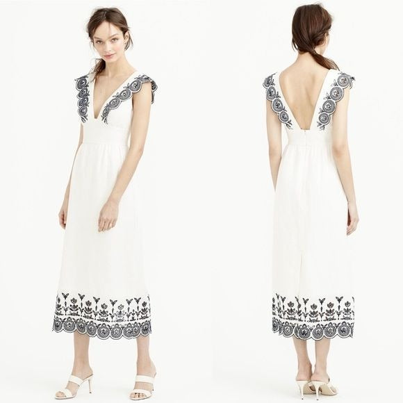 J.Crew Collection || Embroidered Eyelet Linen Midi Dress White + Navy 10 NWT