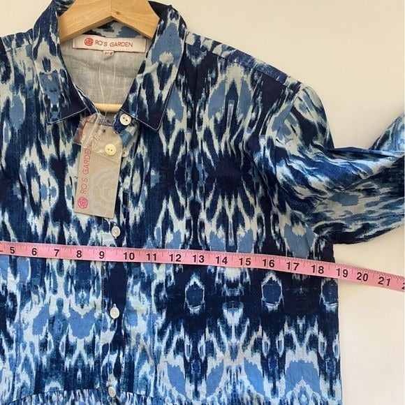 Ro's Garden || Deauville Tyla Tiered A-line Shirt Dress Ikat Blue XS NWT