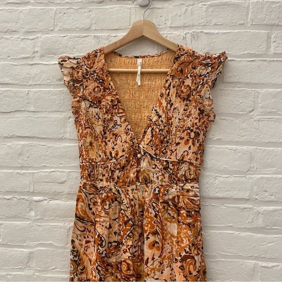 Anthropologie || The Peregrine Midi Dress Brown Orange Smocked Floral XXS