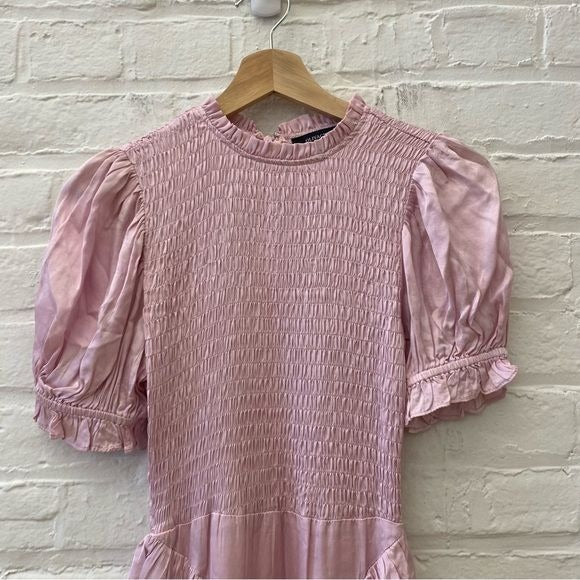 Olivaceous || Smocked Tiered Ruffle Mini Dress Satin Pink Small