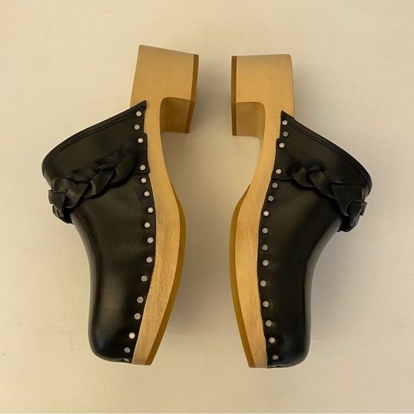 Loeffler Randall || Polina Low-Heel Clogs Braided Leather Wood Black 6 New Box