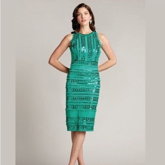 Tadashi Shoji || Norma Sequined Fringe Pencil Sheath Dress Jade Green 10 NWT