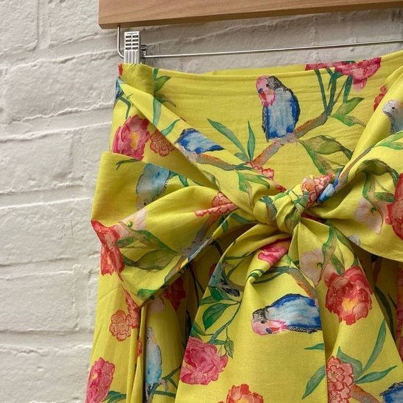 Brooke Wright Designs || Pleated Skirt with Sash Belt Bow Birds Floral Yellow 12