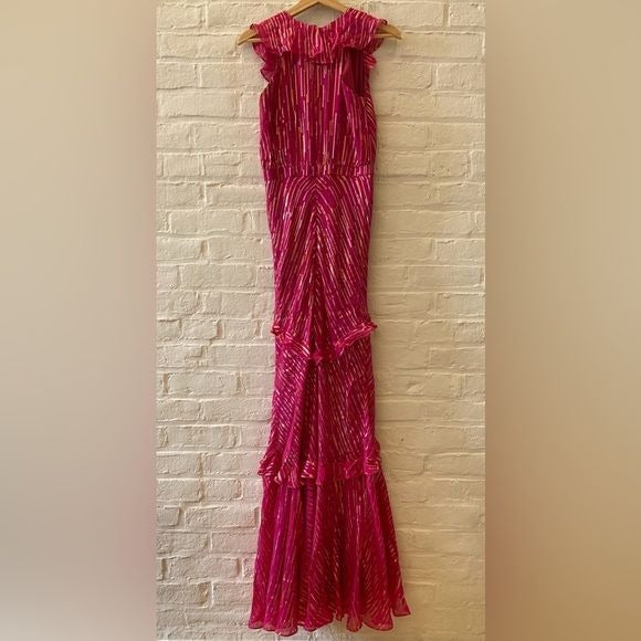 SALONI || Rita Silk Ruffled Gown Metallic Maxi Dress Magenta Pink US 4